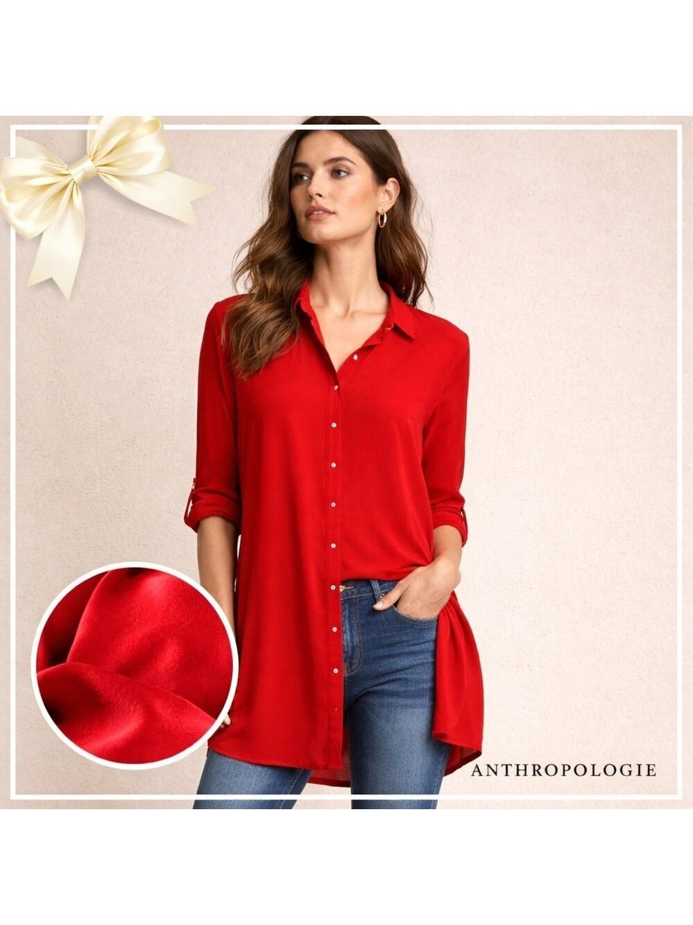 Anthropologie Lily Aldridge Velvet Red Shirt Dress Size Medium